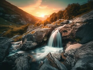 AI generated illustration of a picturesque waterfall cascading over rocks at sunset