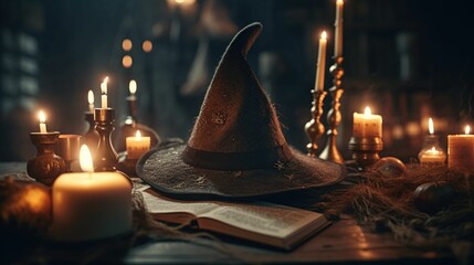 halloween witches'witch hat, book and candles in a library - obrazy, fototapety, plakaty