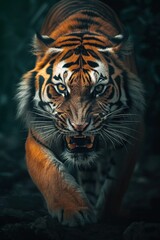 AI generated illustration of a majestic Bengal tiger walking in the woods