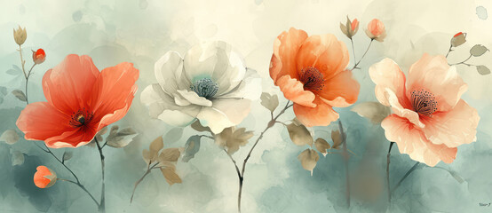 Nature's Floral Symphony: A Watercolor Illustration of Blooming Flowers on a Vintage Summer Background