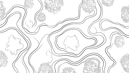 Continuous One Line Drawing of a Winding river snaking through a lush forest canopy