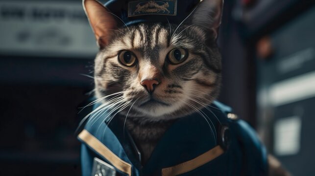 AI generated illustration of a tabby cat in a post officer uniform