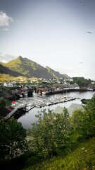 Stunning aerial view of the Lofoten Islands in Norway with rolling hills and vibrant buildings