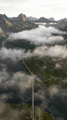 Aerial view of Lofoten Islands in Norway with a picturesque landscape of rolling hills