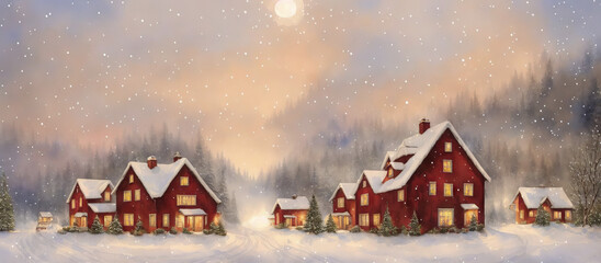 Small Christmas houses in snowy winter, falling snowflakes. Watercolor drawing, generative ai.