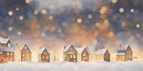 Small Christmas houses in snowy winter, falling snowflakes. Watercolor drawing, generative ai.