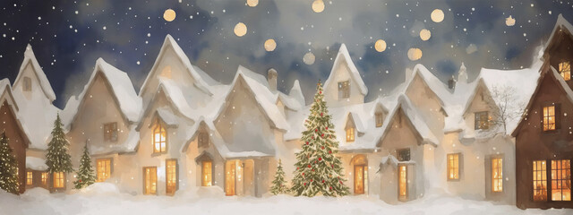 Small Christmas houses in snowy winter, falling snowflakes. Watercolor drawing, generative ai.