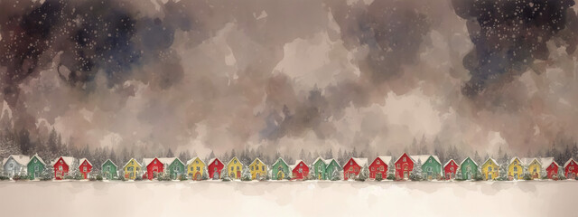 Small Christmas houses in snowy winter, falling snowflakes. Watercolor drawing, generative ai.