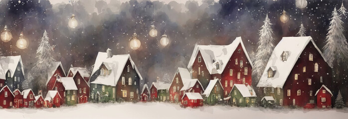 Small Christmas houses in snowy winter, falling snowflakes. Watercolor drawing, generative ai.