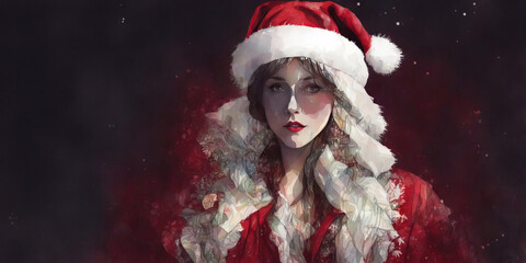 Christmas girl santa claus in a red cap. Watercolor drawing, generative ai.