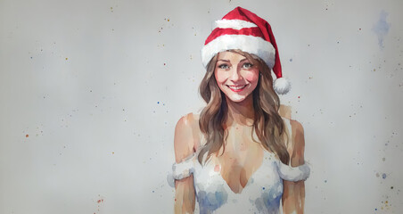 Christmas girl santa claus in a red cap. Watercolor drawing, generative ai.