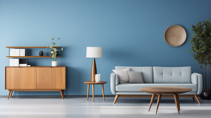 Scandinavian Style Living Room with Light Blue Walls and Wooden Furniture