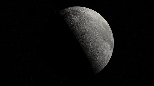 Half-bright moon orbiting with a dark side in the black sky
