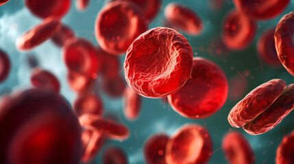 Fototapeta premium Erythrocytes red blood cells floating against dark backdrop. Medical illustration. Hematology concept. Generative AI