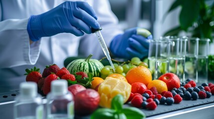 Scientist check chemical food residues in laboratory. Control experts inspect quality of fruits, vegetables. lab, hazards, ROHs, find prohibited substances, contaminate, Microscope