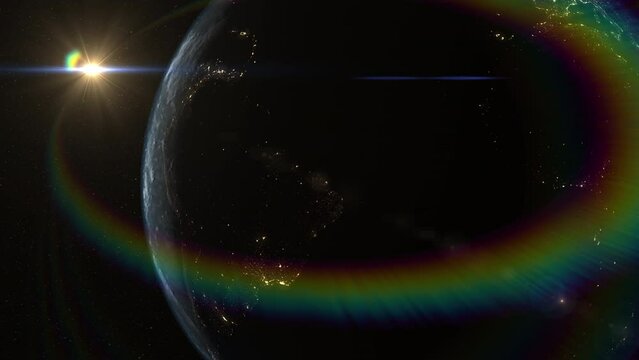 Rotating planet earth in the space with rainbow colors