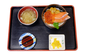 Japanese food, Raw fish placed on a plate and rice. Ready to eat.