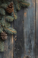 Brown wood background with Christmas tree and pine cones, in the style of dark orange and azure, dark beige, poster, wood.