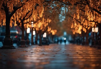 a dark night with a row of trees that have turned orange in the rain