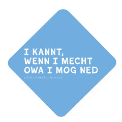Bayrischer Überlebens Spruch mit Übersetzung für Saupreißn. Lustige moderne grafische Typografie: I kannt, wenn I mecht owa I mog ned. (Ich arbeite daran) für eine urige, bayerische Arbeitswelt