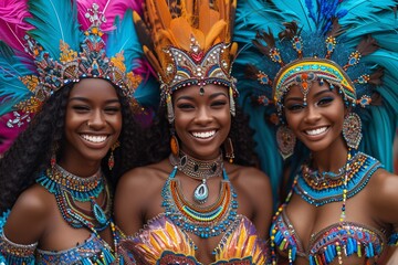 Celebrate Diversity: Three Women in Colorful Costumes Smile for the Camera Generative AI