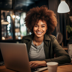 lack african woman smiling with laptop at work in office