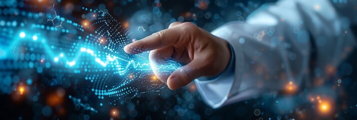 physician hand touching a digital screen which has computerized digital data