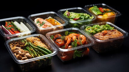 Asian Thai food lunch boxes in plastic packages container dark background - obrazy, fototapety, plakaty
