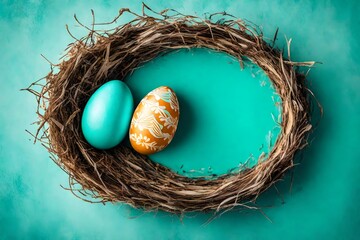 Top-down perspective of an adorable Easter egg in a nest on the side, against a subtle turquoise background with a nest in teal shades, providing a bright and flat setting for your celebratory text