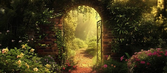 In the midst of a lush garden filled with vibrant flowers, a gate stands amidst the natural landscape surrounded by terrestrial plants, trees, shrubs, and grass. - Powered by Adobe