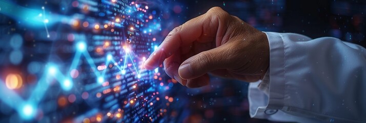 physician hand touching a digital screen which has computerized digital data