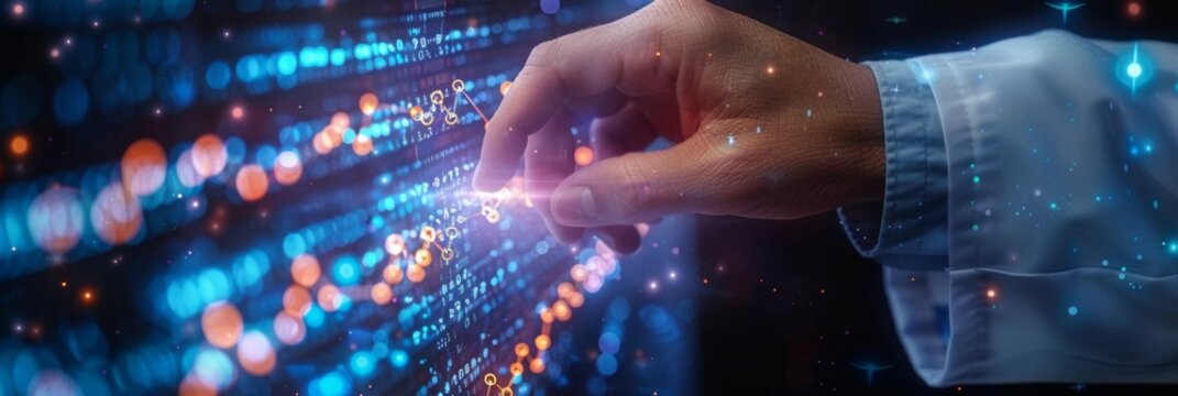 physician hand touching a digital screen which has computerized digital data