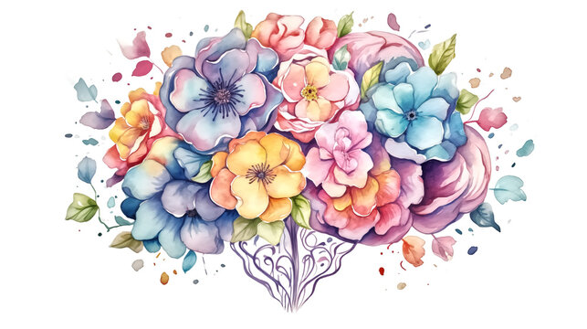 watercolor brain concept art with flowers