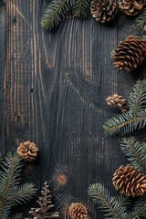 Brown wood background with Christmas tree and pine cones, in the style of dark orange and azure, dark beige, poster, wood.

