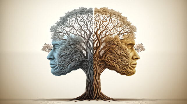 human brain shaping tree, two tone color, symbolizing emotional