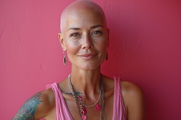 Pink Power: A Hairless Woman Embraces Her Baldness in a Pink Background Generative AI