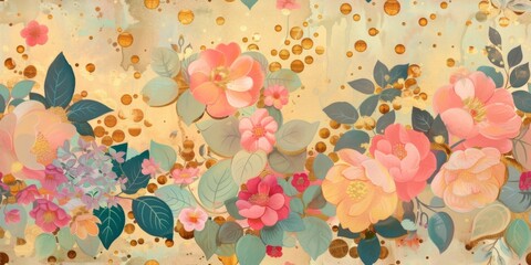 Vibrant hand-painted floral and fruit seamless pattern with colorful blooms flowers and fruits, bright floral background. Botanical wallpaper with gold.