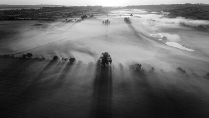 Aerial view of a pastoral landscape covered with fog in grayscale