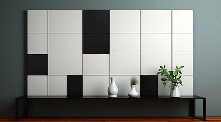Modern living room with white and black tiles, table and vase. Created with Ai