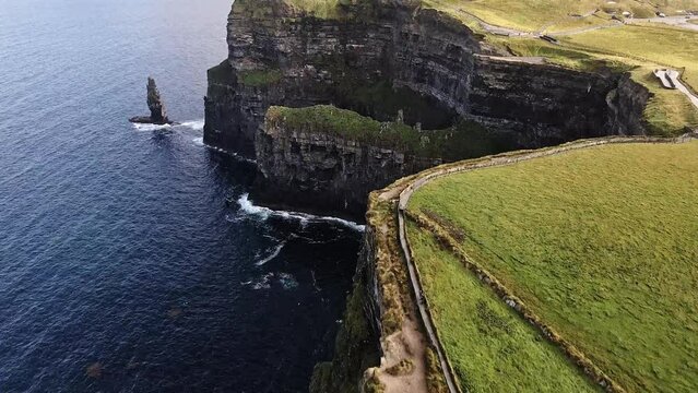 Drone landscape scene of green Cliffs of Moher by the Atlantic Ocean in Ireland