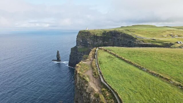 Landscape scene of green Cliffs of Moher by the Atlantic Ocean in Ireland