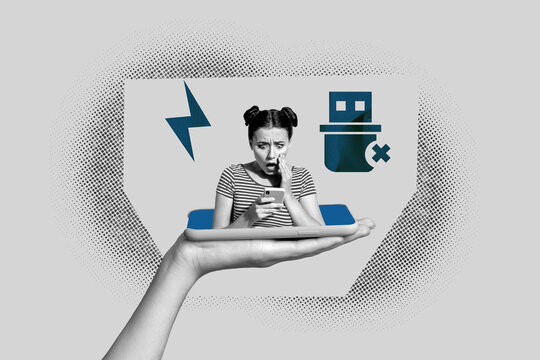 Collage photo of unhappy girl looking at her wireless smartphone charger dont working when she need it isolated on gray background