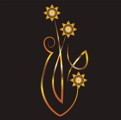 Fantasy bouquet with flowers in a vase. flowers. Illustration with place for inscription. Gold gradient on a black background for printing on fabric, applique and cards.
