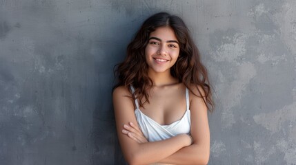 Fototapeta na wymiar Portrait of a young latin woman with pleasant smile and crossed arms isolated on grey wall with copy space. Beautiful girl with folded arms looking at camera against grey wall - generative ai