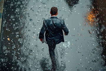 Businessman running in the rain, holding a file in one hand on a city street - obrazy, fototapety, plakaty