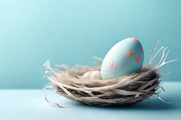 Delightful image of a pastel-hued Easter egg nestled in a nest on the side, against a gentle...