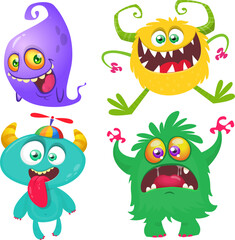 Funny cartoon monsters with different face expressions. Set of cartoon vector happy monsters characters. Halloween design for party decoration,  package design