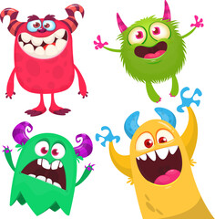 Funny cartoon monsters with different face expressions. Set of cartoon vector happy monsters characters. Halloween design for party decoration,  package design