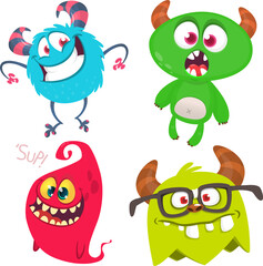 Funny cartoon monsters with different face expressions. Set of cartoon vector happy monsters characters. Halloween design for party decoration,  package design