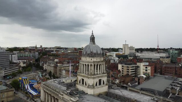 Aerial view of Nottingham City Council hall dome with gray sky in England